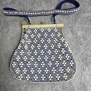 Vintage Bubble Bead Handbag Blue White Lucite Frame Kiss Lock Hong Kong